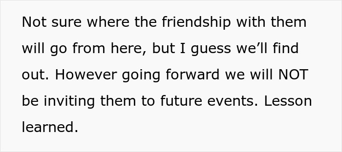 Text about a couple deciding not to invite friends' unruly kids to future events, to preserve friendship.