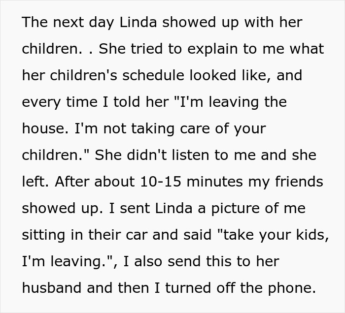 Text excerpt about a woman refusing to babysit her sister's kids and contacting her to pick them up.