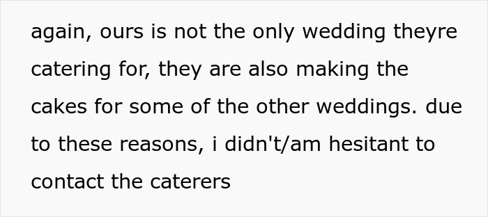 Text from a wedding menu discussion highlighting catering challenges and hesitations about contacting caterers.