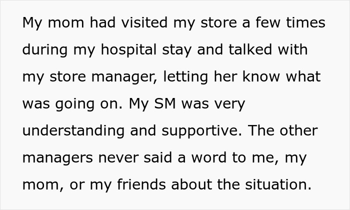 Text about pharmacy managers' reaction to employee’s cancer diagnosis, expressing support. Text about pharmacy managers' reaction to employee’s cancer diagnosis, expressing support.
