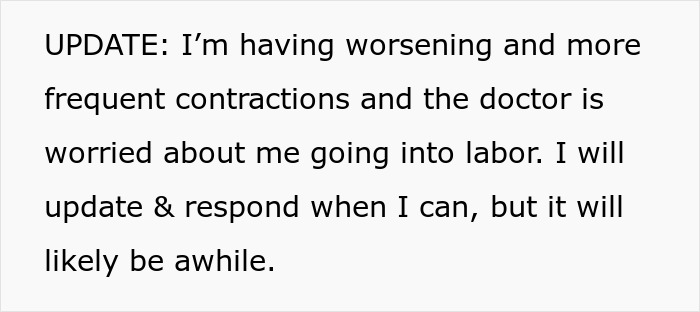 Text update about a pregnant woman's worsened contractions, with doctor concerns about labor.