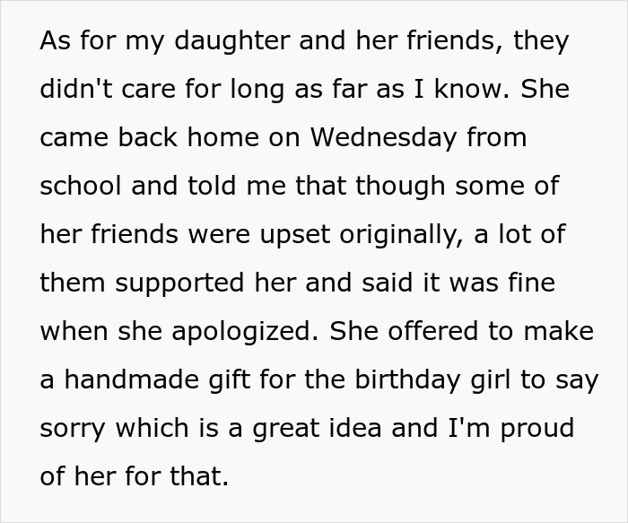Text discussing a parent's decision on family trip over daughter's plans, friends' reactions, and apology resolution.