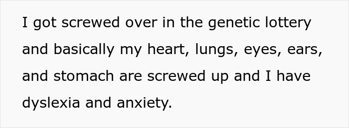 Image of text describing personal health challenges with heart, lungs, eyes, ears, and anxiety.