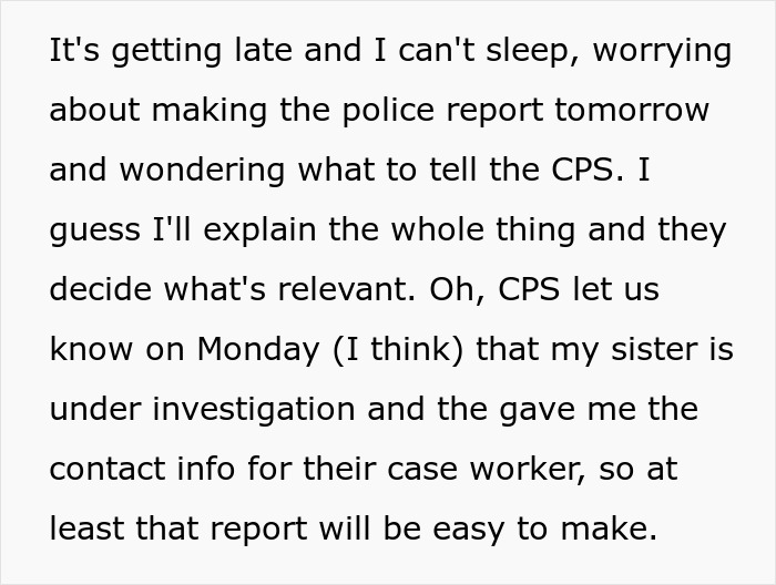 Text message about enforcing boundaries with CPS and police report concerns, related to unpaid babysitting issues.