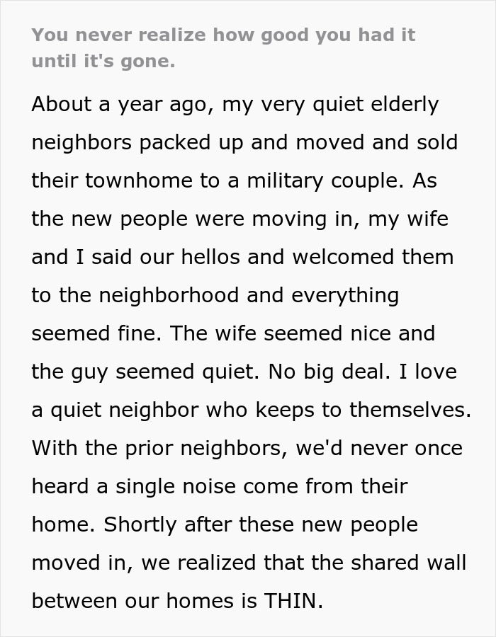 Text detailing disruption after noisy neighbors move in, affecting family&rsquo;s peace; highlights thin walls between residences.