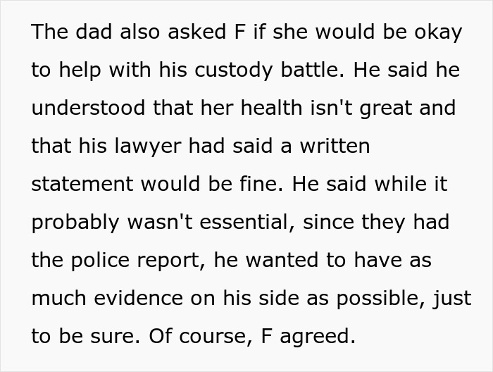 Text detailing a disabled neighbor helping a dad with his custody battle.
