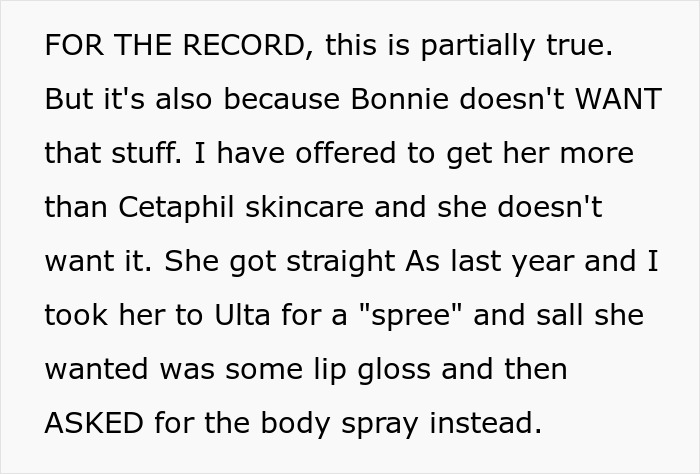 Text excerpt discussing a friend's parent body-shaming a 14-year-old girl.