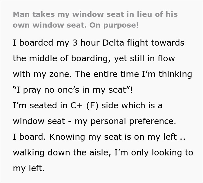 Text describes a man taking a woman's window seat on a flight, causing inconvenience.