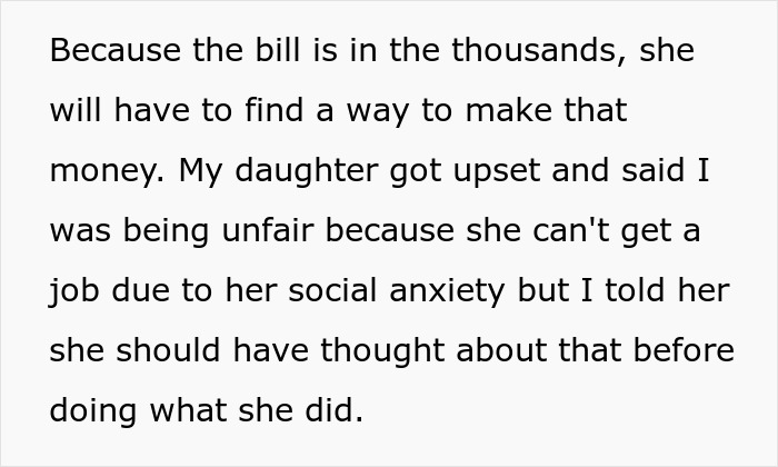 Text discussing consequences and financial burden after teen's actions impact dog and social anxiety.