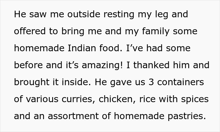 Text detailing homemade Indian food gifted by a neighbor, including curries, chicken, spiced rice, and pastries.
