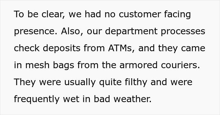 Text describes bank staff lacking a customer-facing role, processing ATM deposits in dirty, wet mesh bags from couriers.
