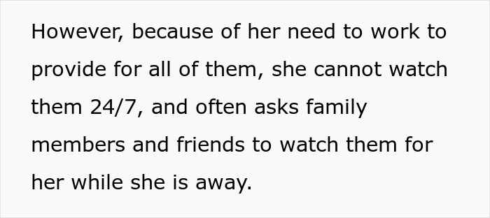 Text discussing a woman's need for childcare assistance, asking family and friends to babysit due to her work commitments.
