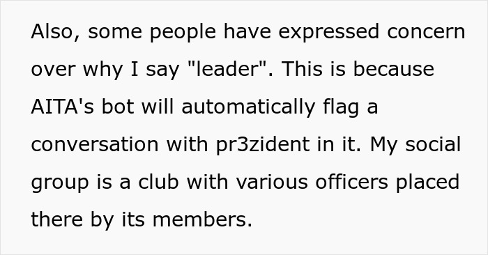 Text explaining a club's organization and why the term "leader" is used to avoid bot flags.