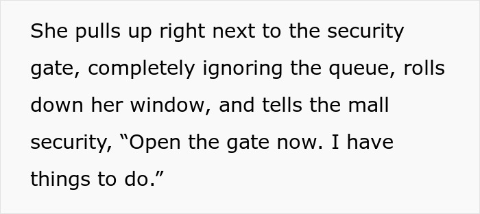 Woman at mall gate in car, demanding entry from security, disregards queue. Woman at mall gate in car, demanding entry from security, disregards queue.