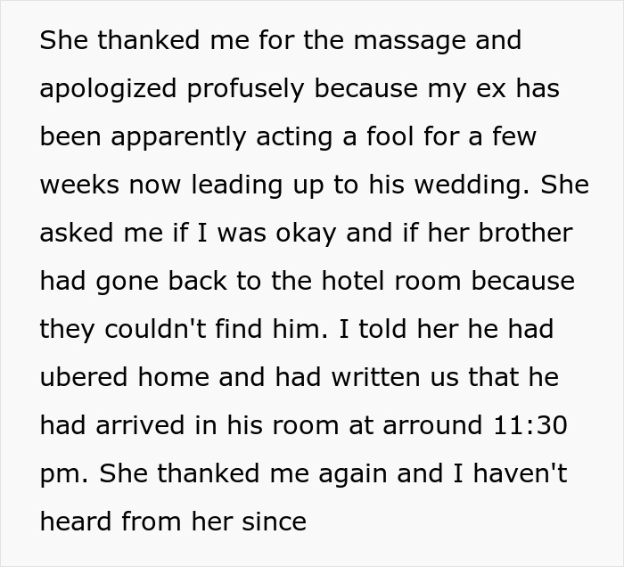 Text recounts events of a man visiting his ex's door before his wedding and then disappearing.