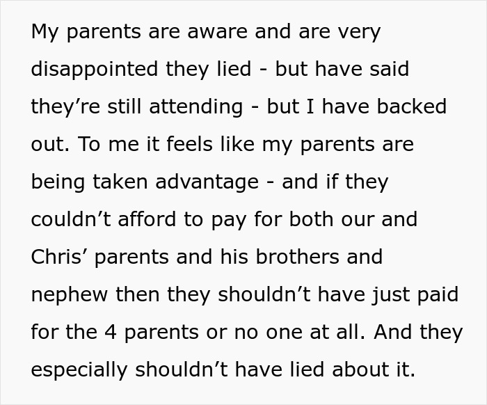 Text discussing family's disappointment over payment request for a destination wedding.