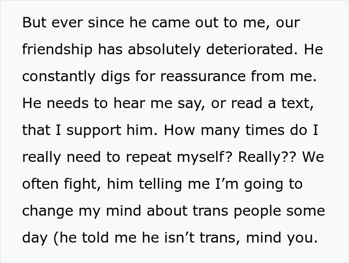 Text discussing friendship regret and best friend confession about support and repeated conflicts after coming out. Text discussing friendship regret and best friend confession about support and repeated conflicts after coming out.