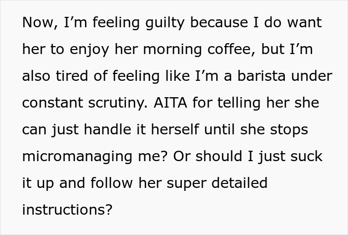 Text discussing a boyfriend feeling guilty about making coffee daily and seeking advice on his girlfriend's criticism. Text discussing a boyfriend feeling guilty about making coffee daily and seeking advice on his girlfriend's criticism.