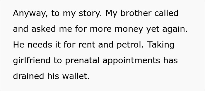 Text from a story about a man seeking financial help due to prenatal expenses.