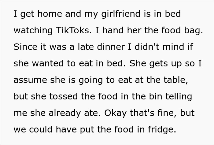 Text about a girlfriend discarding food from a partner, relating to sleeping arrangements on the couch.