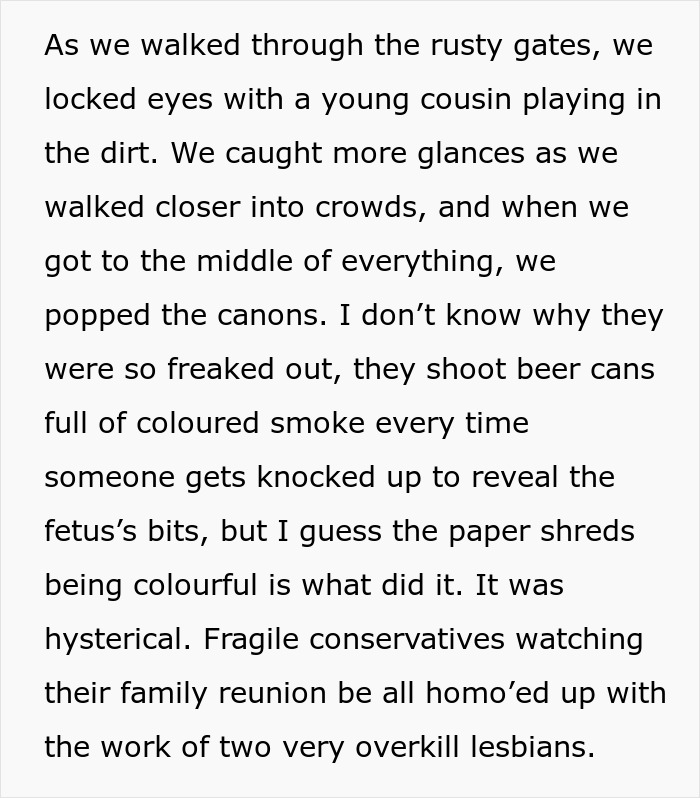 Text describing a woman announcing her sexuality to a homophobic family in a dramatic, colorful manner.