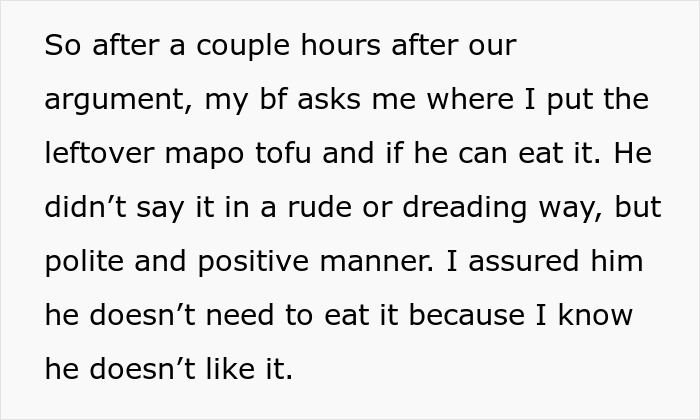 Text about a boyfriend asking about leftover mapo tofu after an argument, with a polite and positive manner in cooking context.