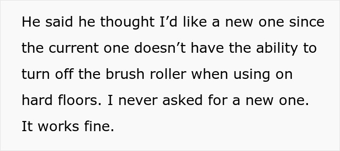 Text image discussing a husband's surprise gift choice of a new vacuum for his wife.