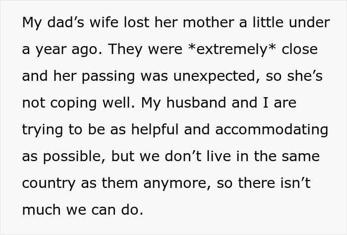 Text about stepmom grieving her mother's unexpected passing, shared by a woman explaining their distant support.