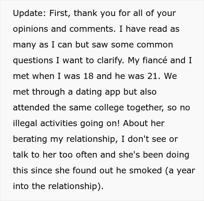 Text update from bride clarifying her wedding request about wearing white, addressing comments and concerns.