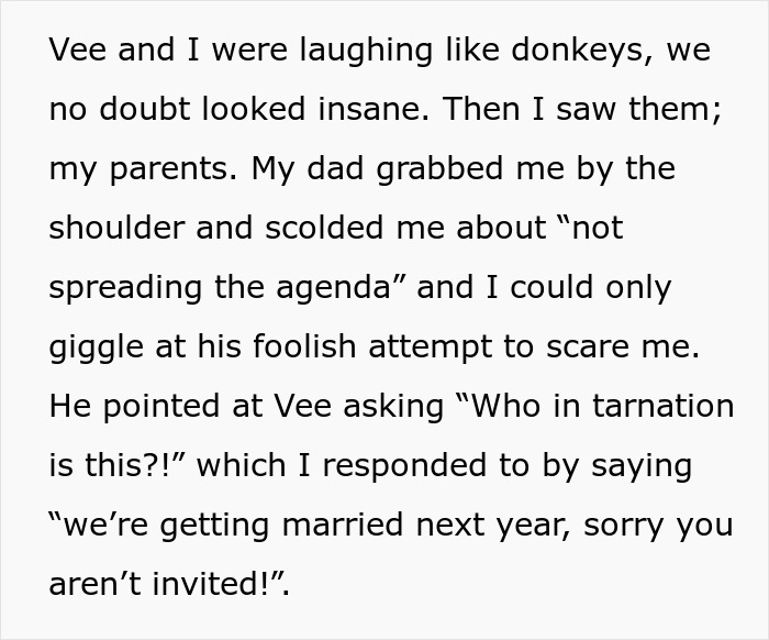 Text describing a woman coming out to her homophobic family in a bold way.