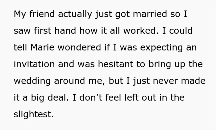 Text about not feeling left out despite missing a party invitation, related to office mean girls.