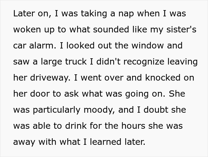 Text about a sibling unsure of the sister&rsquo;s mood after a car alarm incident.