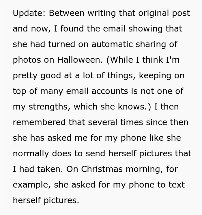 Text detailing a man's discovery of his wife's secret phone and spending monitoring.