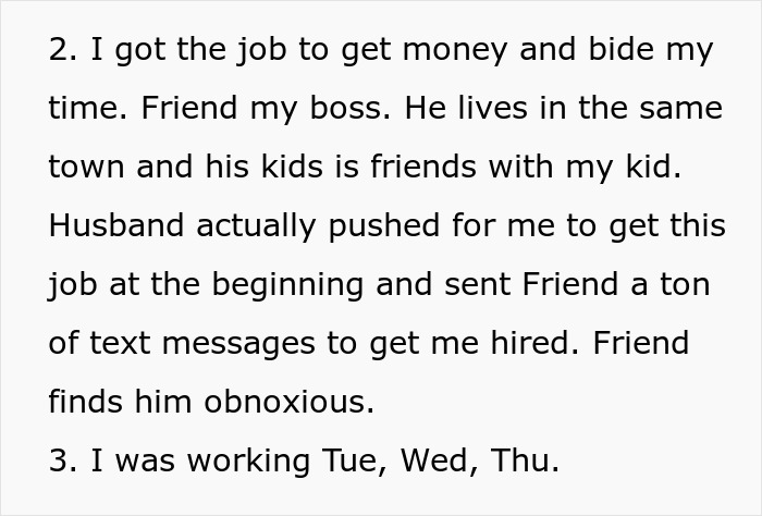 Reddit post text about job and relationship dynamics, mentioning a husband, boss, and weekly work schedule.