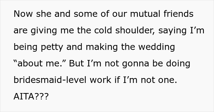 Text of a person discussing wedding conflict, feeling excluded and petty over bridesmaid duties. Text of a person discussing wedding conflict, feeling excluded and petty over bridesmaid duties.