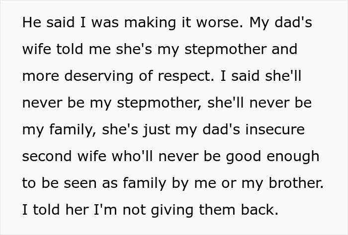 Text conversation about family drama, discussing respect and stepmother relationships after taking late mom's items from trash.