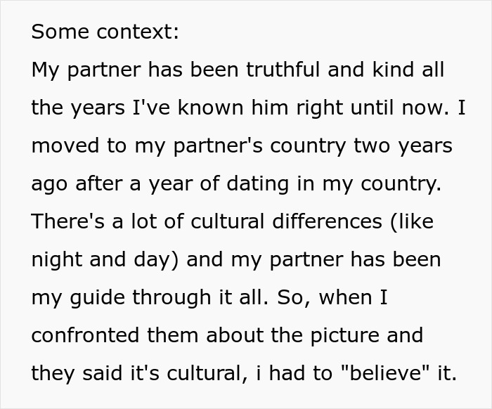 Text about cultural differences and trust between partners related to a sauna photo incident.