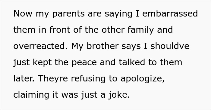 Text on a white background discussing parents refusing to apologize, claiming their comments were just a joke.