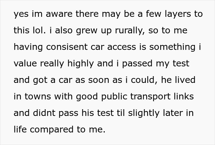 Text discussing a woman's perspective on car access and responsibility in relationships. Text discussing a woman's perspective on car access and responsibility in relationships.