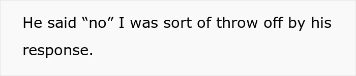 Text image with a man's response about family genes and alcoholism, causing surprise.