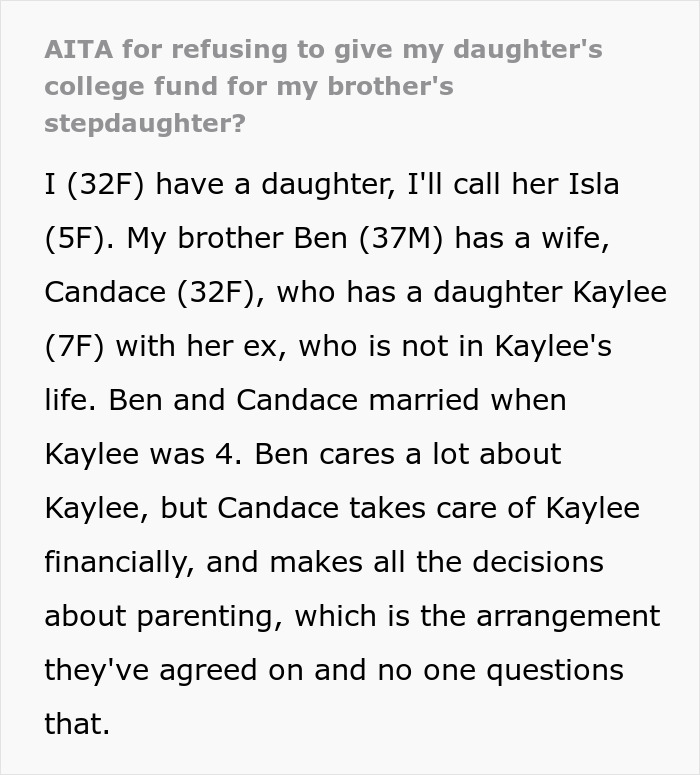 Woman discusses refusing college fund transfer to brother's stepdaughter, causing family tension. Woman discusses refusing college fund transfer to brother's stepdaughter, causing family tension.