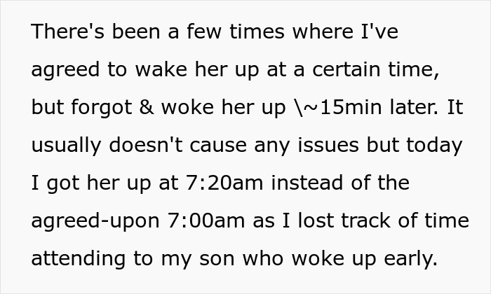 Text discussing forgetting to wake wife at agreed time, causing minor issues.