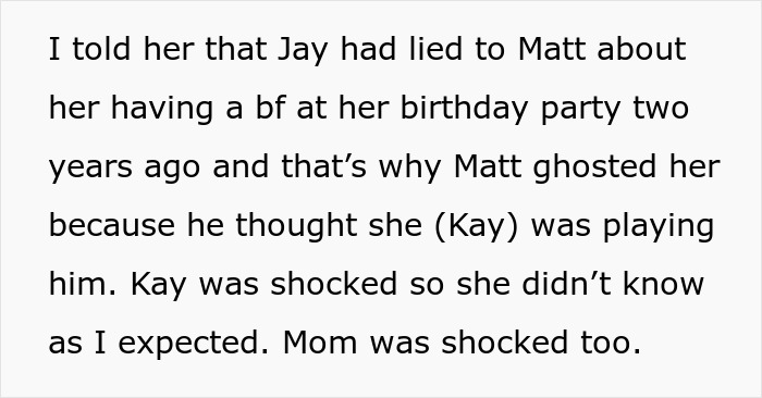 Text conversation revealing a lie about a sister's boyfriend causing shock.