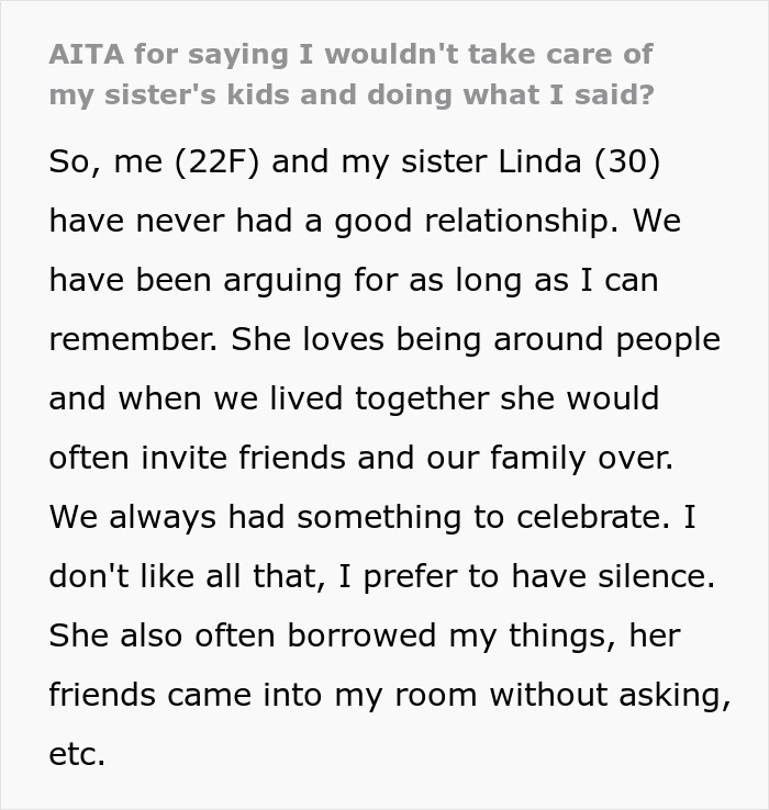 Text discussing a woman's conflict with her sister over refusing to babysit her kids, leading to a harsh reality check.