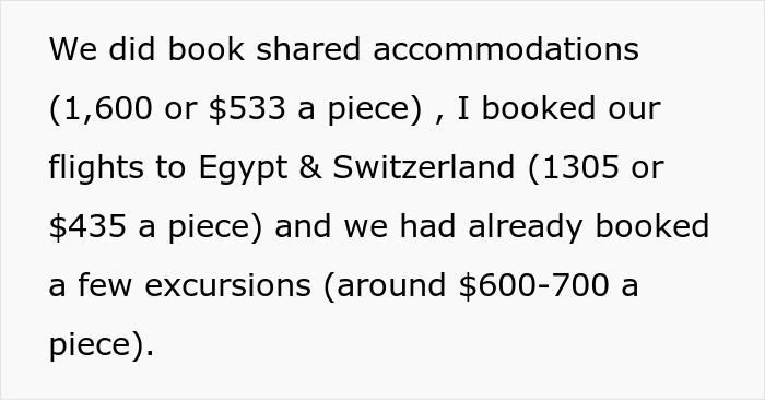 Text discussing shared trip costs, including accommodations and flights to Egypt and Switzerland, highlighting reimbursement issue. Text discussing shared trip costs, including accommodations and flights to Egypt and Switzerland, highlighting reimbursement issue.