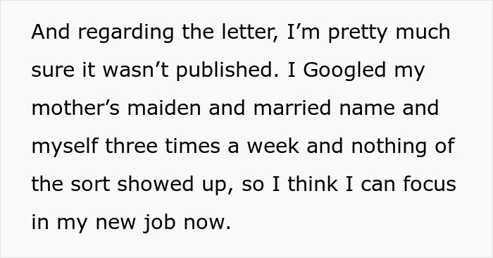 Text about daughter's relief after her mom's letter on 'shattered dreams' wasn't published, checking Google for peace of mind.