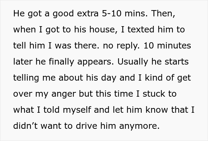 Text screenshot about a friend's decision to stop providing rides due to frequent lateness.