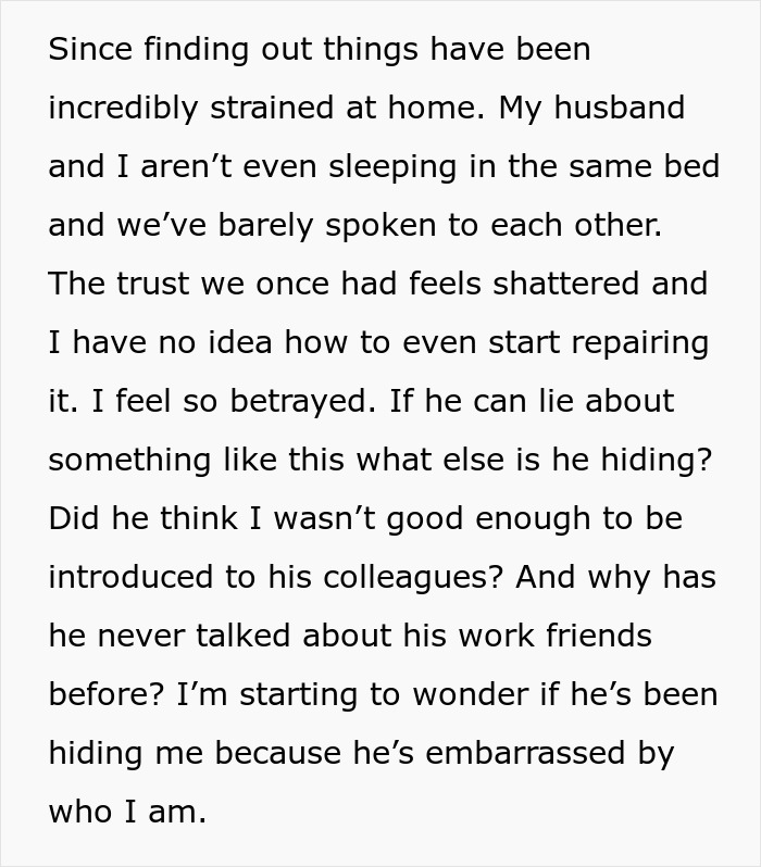 Text expressing feelings of betrayal and trust issues between husband and wife, involving husband's sister-in-law 