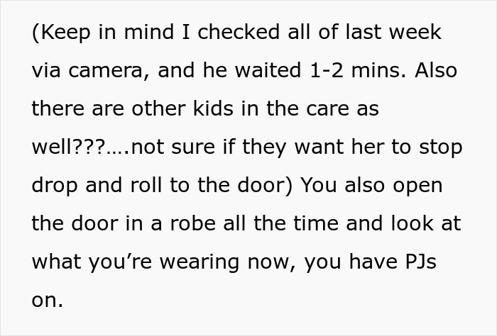 Text about childcare, referencing camera checks, waiting times, and attire like robes and pajamas.