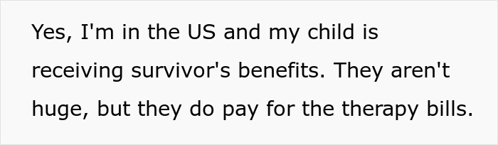 Text about survivor benefits covering therapy bills related to affair child support situation.